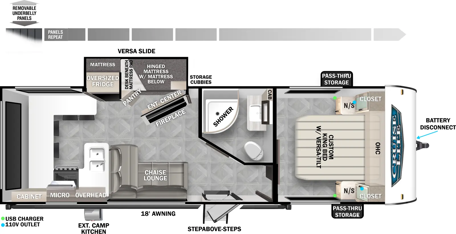 The 24VIEW has one slideout and one entry. Exterior features removable underbelly panels, pass-thru storage, StepAbove entry steps, battery disconnect, 18 foot awning, and exterior camp kitchen. Interior layout front to back: custom king bed with versa-tilt, overhead cabinet and closet with night stand on each side; off-door side full bathroom, door side entry, and chaise lounge; off-door side versa slideout features a hinged mattress with mattress below, pantry, storage cubbies, desk beneath mattress pad behind an entertainment center, and oversized refrigerator; rear kitchen with peninsula kitchen counter that wraps all around the from door-side around the back to the off-door side with sink, overhead cabinet, microwave, cooktop, and barstools.